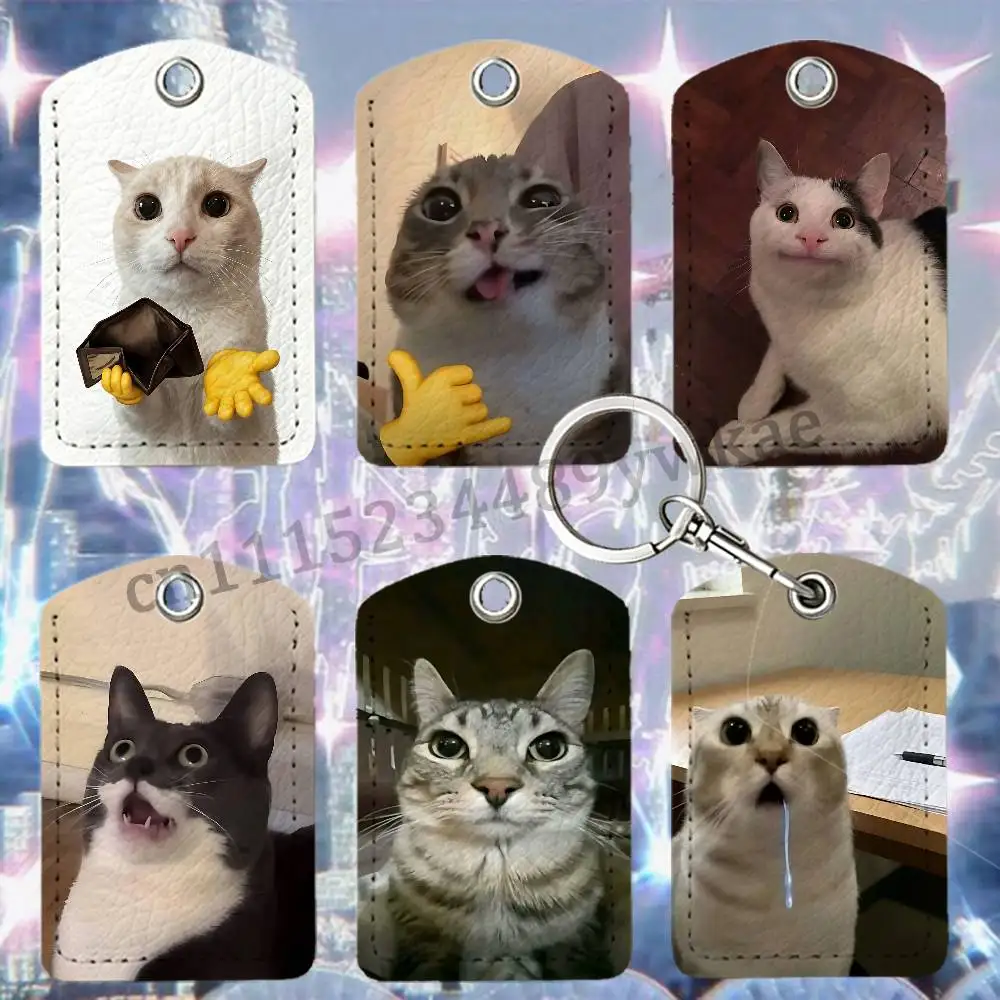 Silly Cat Meme Funny PU Leather IC Holder Keychain RFID Access Control Door Elevator Card Protector 4.5x6cm