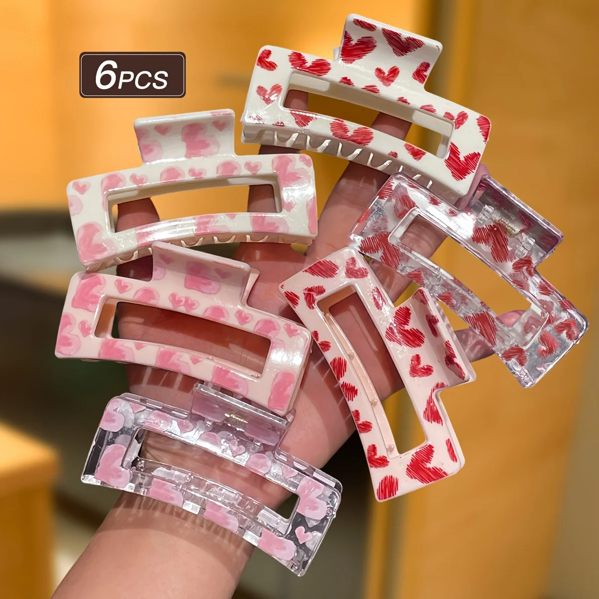 6Pcs Heart-Shaped Hollow Shark Clips Square Hair Clips Valentine's Day Heart Set Hair Accessories Fresh and Sweet Rectangular Heart-Shaped Hair Clips for Girls