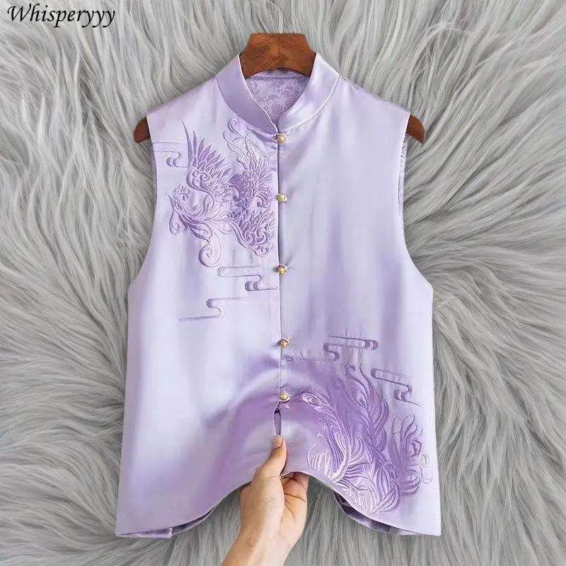 

Фиолетовый жилет с вышивкой Феникса для женщин, осенний новый продукт, китайский воротник-стойка, топы с пряжкой из бисера, винтажный жилет Femlae