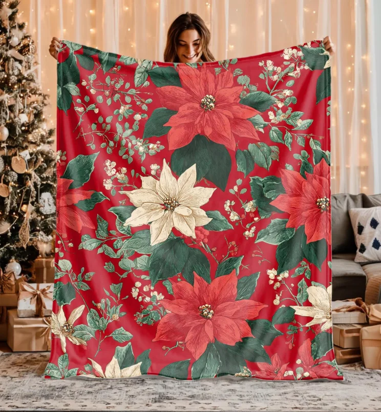 Vintage Style Poinsettia Christmas or Sherpa Blanket Red Holiday Floral Throw Cozy Gift Blanket Sofa, Bedroom, Home Decoration
