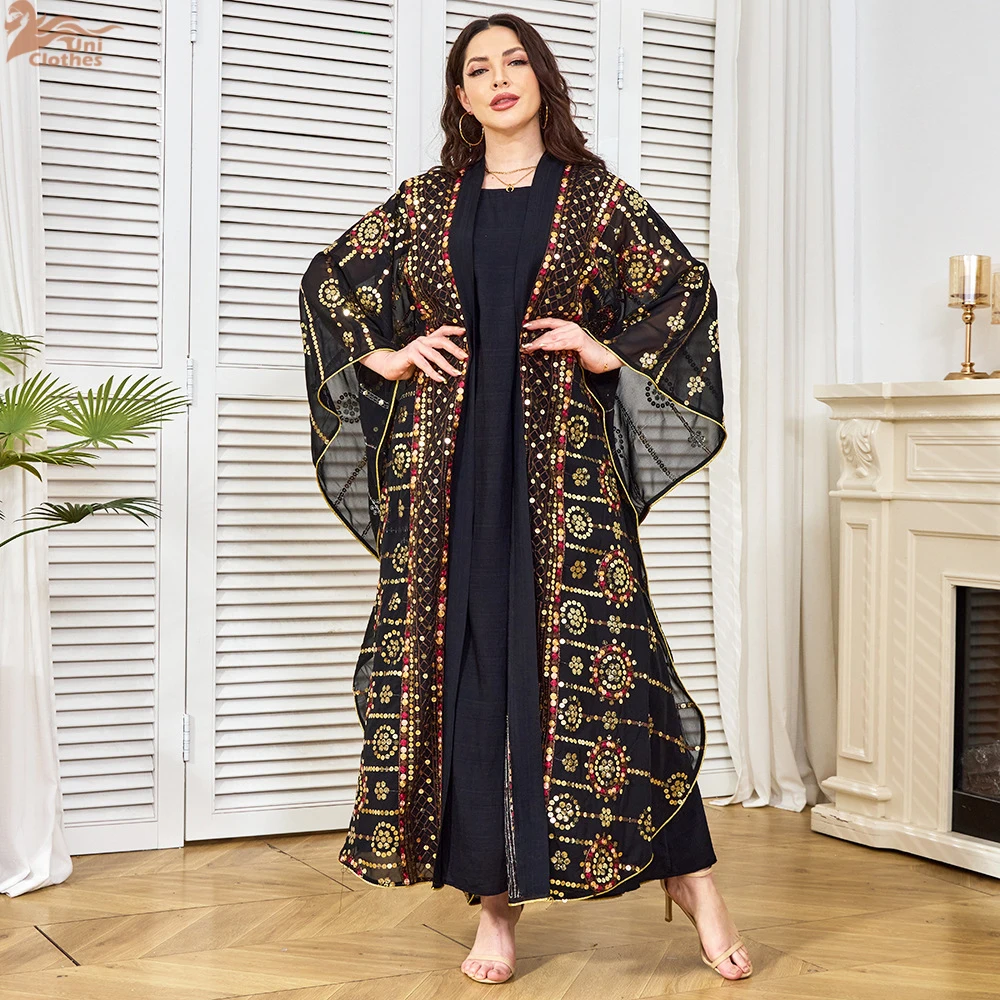 Uni Dubai Luxury Woman Evening Dress Sequins Abaya Muslim Embroidered Kaftan Mesh Dolman Sleeve Kaftan
