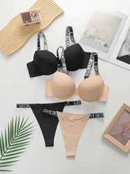 Viomisha Sexy Lingerie Set Push Up Bras with Letter Shoulder Strap Women Solid Everyday Underwear Panty Set S-L