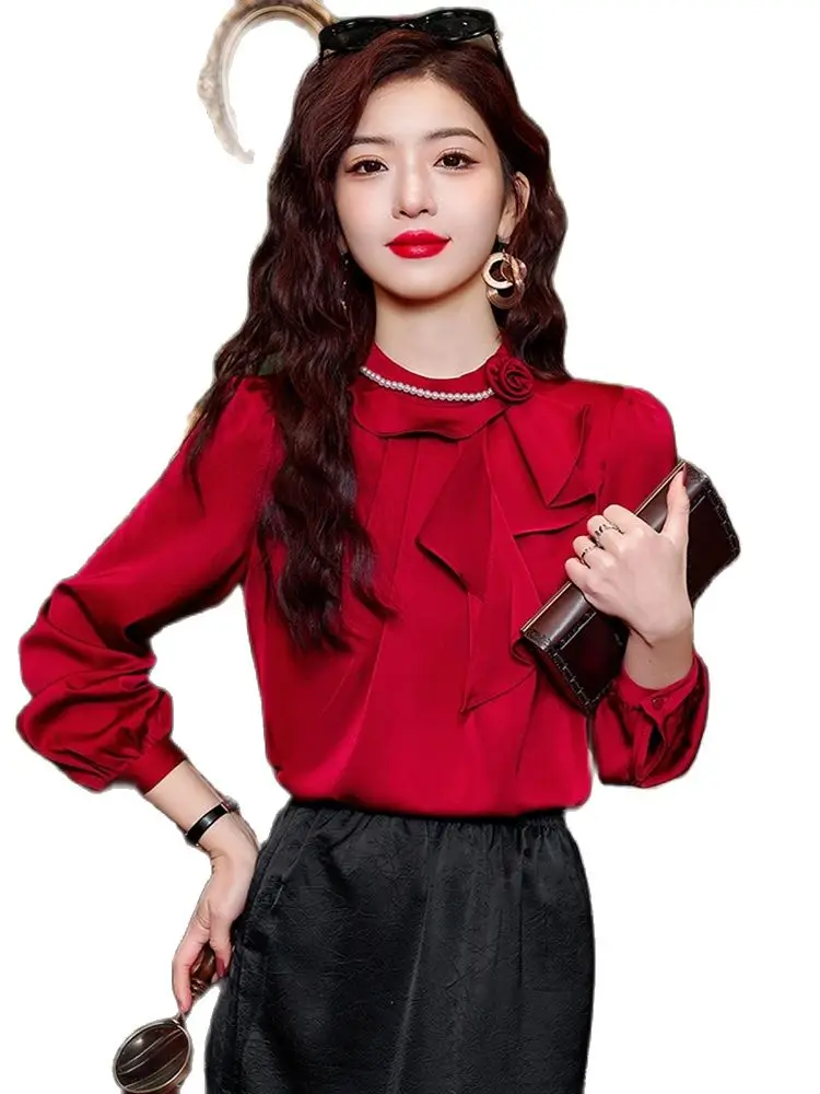 2024 Spring Elegant Red Satin Women Beading Ruffles Blouse Long Sleeve Fashion Korean Office Ladies Work Shirt Basic Female Tops