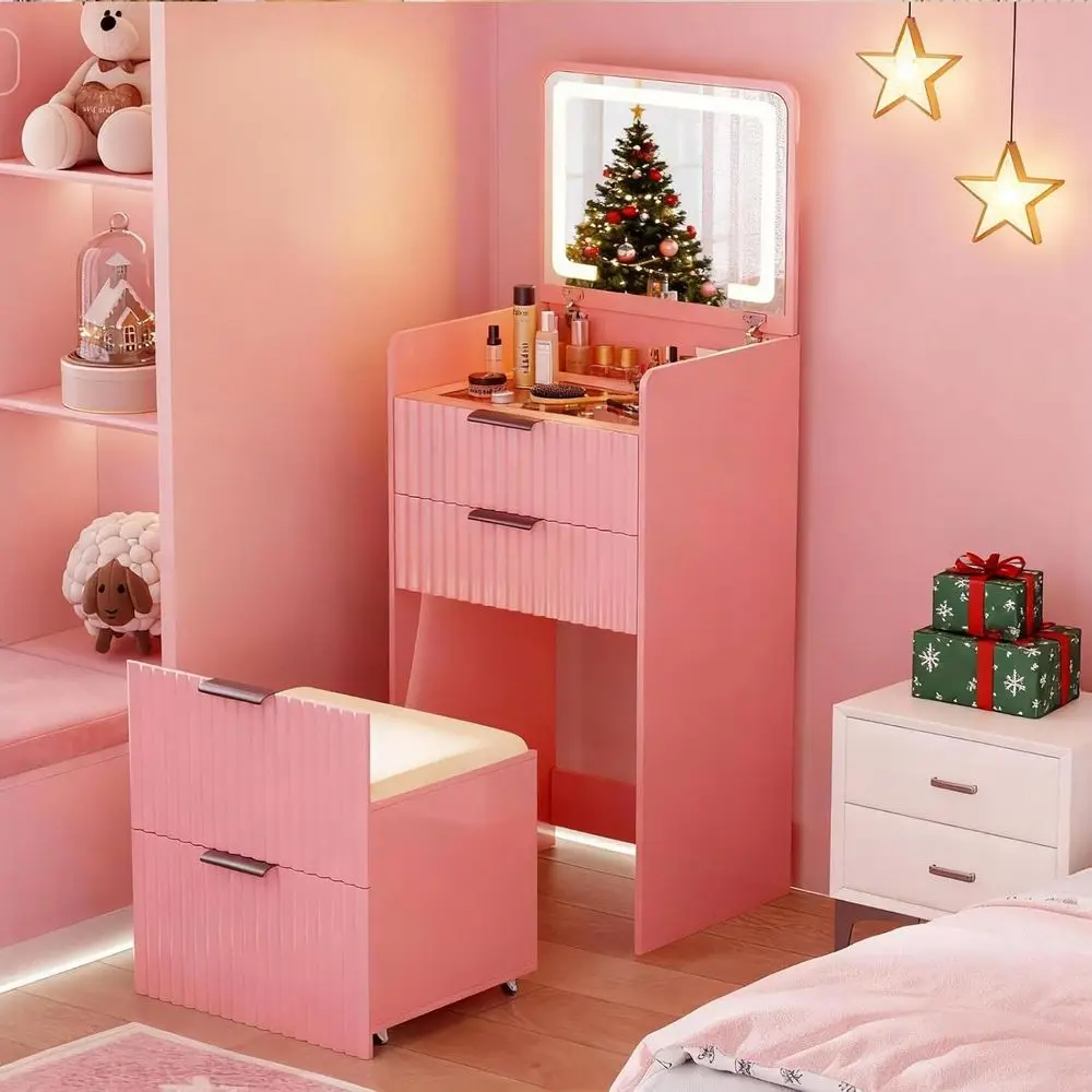 3 in 1 Small Vanity Desk with Plip Top Mirror & 3 Ders or Bedroom,Pink | Makeup Vanity with Visible Glass Desktop,Compact Vanity