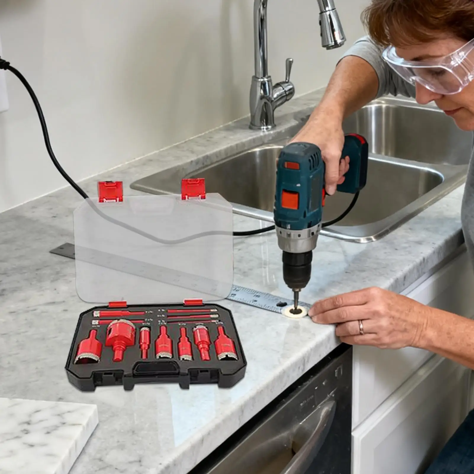 Pemotong Lubang Ubin Anti Selip dengan Kotak Penyimpanan Mata Bor untuk Ubin Porselen untuk Renovasi Rumah Perbaikan Dinding Kabel Listrik