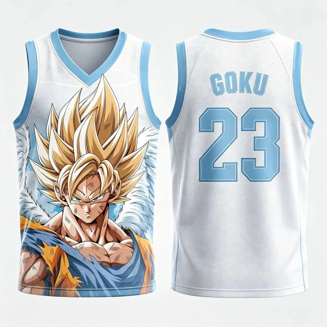 Dragon Ball Goku Super Saiyan Nr. 23 Basketball-Trikot für Herren, 3D-Druck, Sport-Tanktop, weiß-goldener Farbverlauf, Anime-Streetwear. – Detail 6