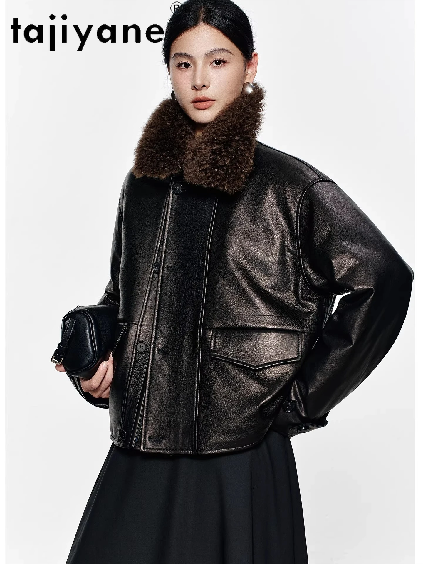 TAJIYANE Real Sheepskin Goose Down Jackets Woman Cashmere Collar Puffer Jacket Genuine Leather Coat 2025 Winter Clothes дубленка