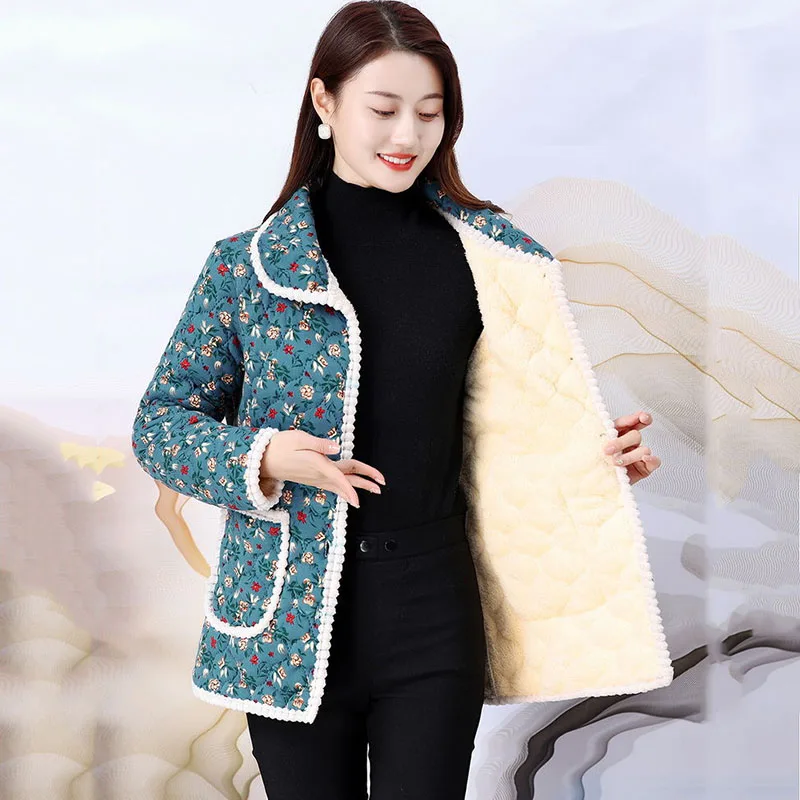 New Winter Cashmere Warm Padded Jacket Middle-Aged Women's Down Cotton Coat Printed Outerwear Casual Female Parker Overcoat 5XL