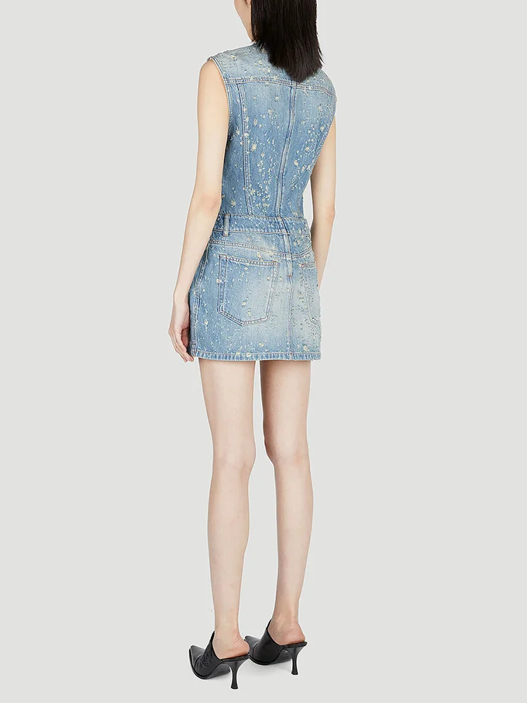 ชุดเดรสยีนส์เข้ารูปกลวงเซ็กซี่สำหรับเสื้อผู้หญิงคอกลมเดรสเอวสูงมีซิปคอวี