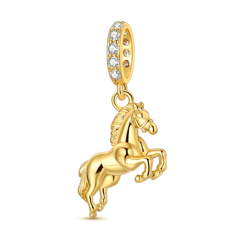 

New 925 Sterling Silver Golden Realistic Horse Charms Pendant Zircon Dangle Fit 3mm Original Bracelet DIY Women Party Jewelry