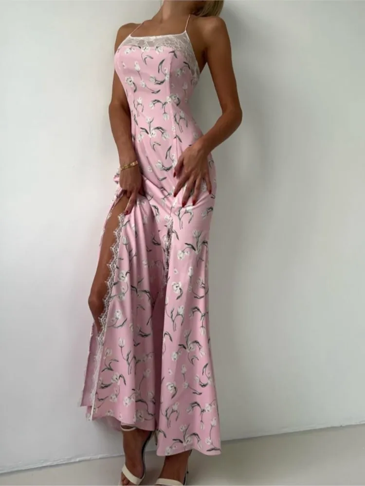 Sommer Blumendruck Maxikleid Outfits Sexy Rückenfrei Fee Sonne Spaghettiträger Kleid Urlaub Beachwear Vestido Coquette