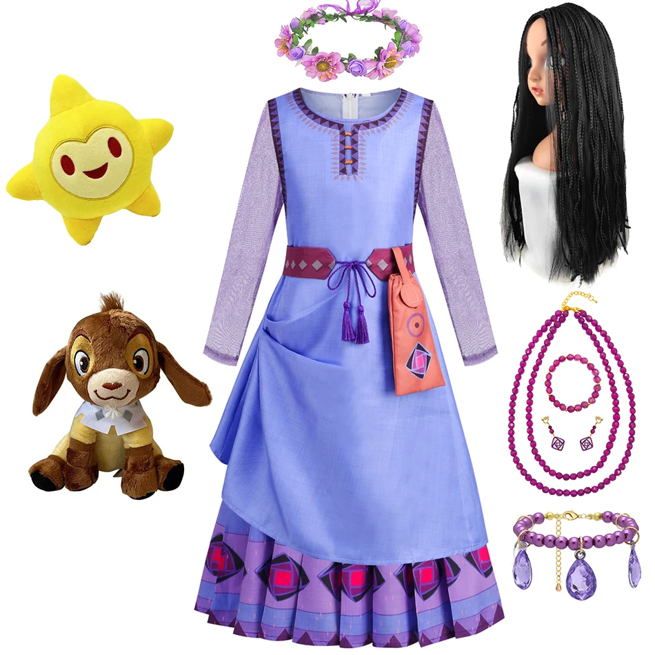 Vestido de Cosplay de princesa de la película Wish para niños, ropa de juego de rol Asha, ropa de fantasía para actuación en escenario de carnaval, vestidos con estampado púrpura