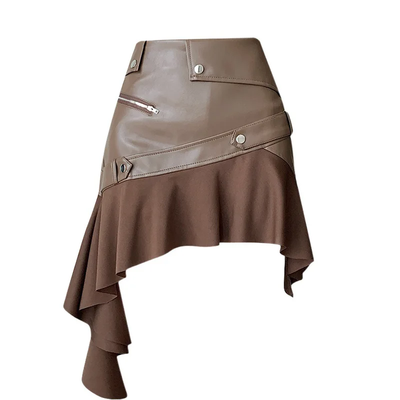 

Retro coffee colored PU leather midi skirt for women in autumn, irregular ruffle edge A-line skirt, hip hugging skirt