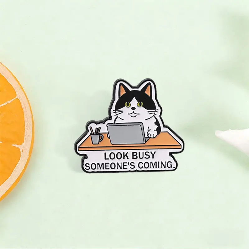 Funny Office Worker Cat Enamel Pin Look Busy Someone's Coming Cartoon Kitten Animal Brooch Lapel Badge Jewelry Gift for Friends