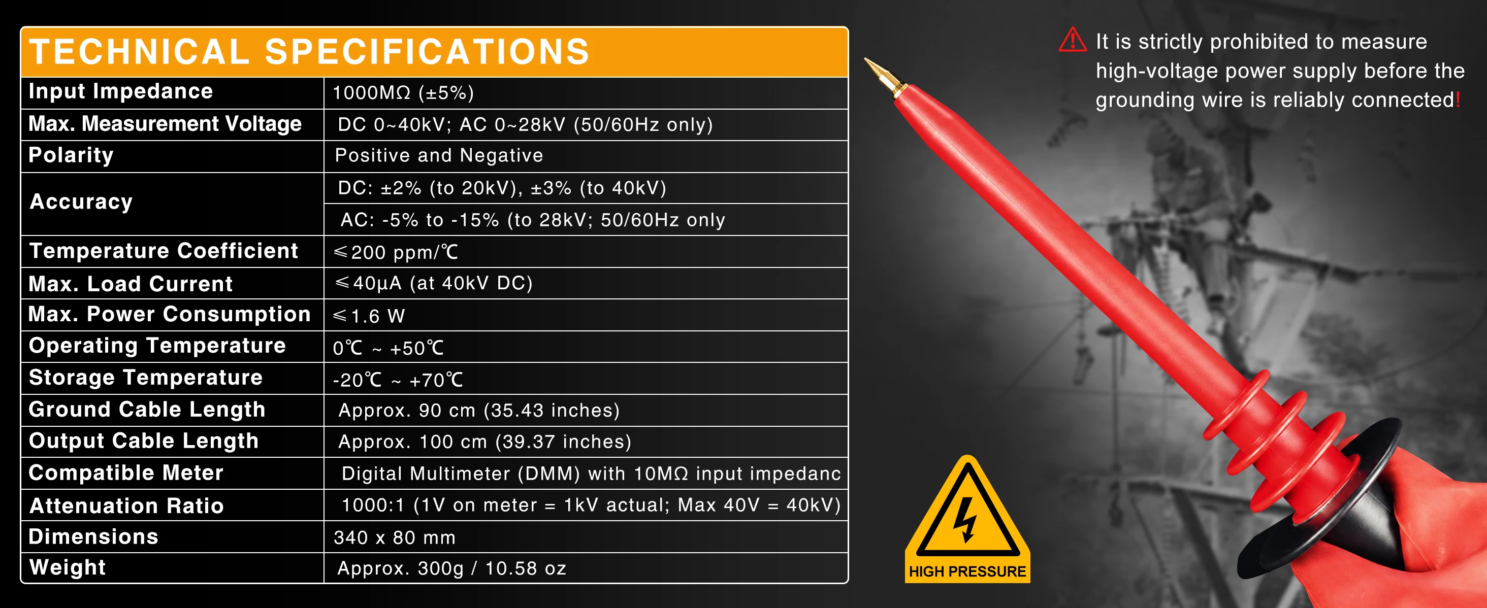 ZIBOO HVP-40 Hochspannungssonde, DC 40 kV / AC 28 kV Multimeter-Messleitung, 1000:1 Dämpfungsverhältnis, 1000 MΩ Impedanz. – Detail 8