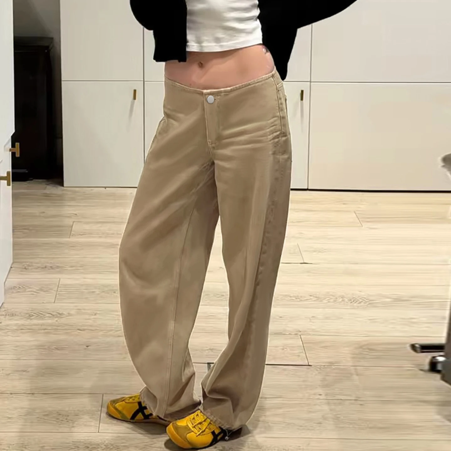 Women Low Waist Khaki Wide Leg Jeans Single Button Straight Baggy Denim Pants Vintage Casual Street Trousers Bottoms New 2027