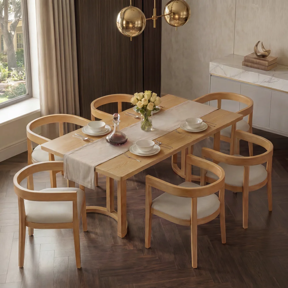 7 Piece Dining Table Set for 6 People Rectangular Wood Grain Dining Table with 6 Upholstered Barrel-Back Chairs Curved Back Padded Seat Kitchen Dining Room Furniture