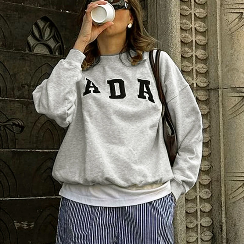 الخريف المرأة هوديي موضة جديدة الشارع الشهير طباعة رمادي طويل الأكمام س الرقبة عادية سليم هوديي سيدة أنيقة تنوعا الملابس