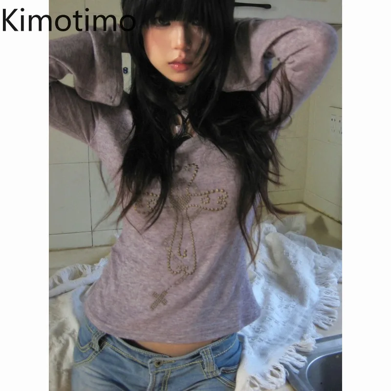 

Kimotimo Y2k Aesthetic Cross Diamonds Tshirts Women Spring Sexy Flare Sleeve Slim Fit Crop Top Harajuku Fashion Spicy Girl Tees