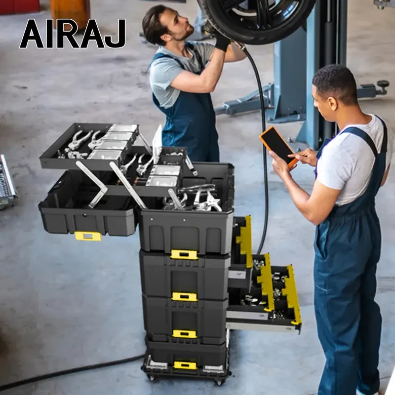 صندوق أدوات قابل للتكديس مكون من 6 طبقات، وأدراج، وعجلات، وشرائح تحمل. مواقع بناء لورش العمل المحمولة ذات سعة كبيرة وثنائية الأغراض