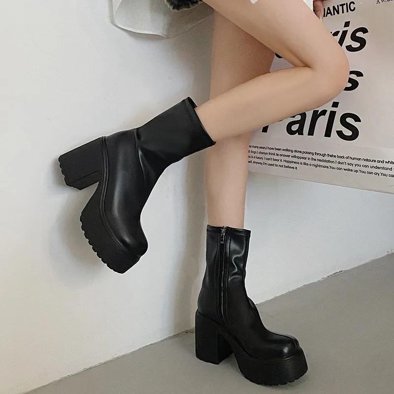 New Chunky Platform Ankle Boots Women Vintage Big Toe High Heels Short Boots Woman Zipper Thick Heel Pu Leather Botas De Mujer