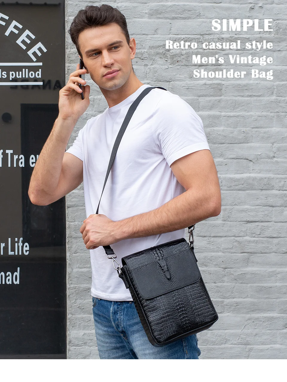 Imagem -03 - Bolsa de Couro Genuíno para Homens Padrão Crocodilo Bolsa Crossbody Vintage Bolsa de Mensageiro com Zíper 8857