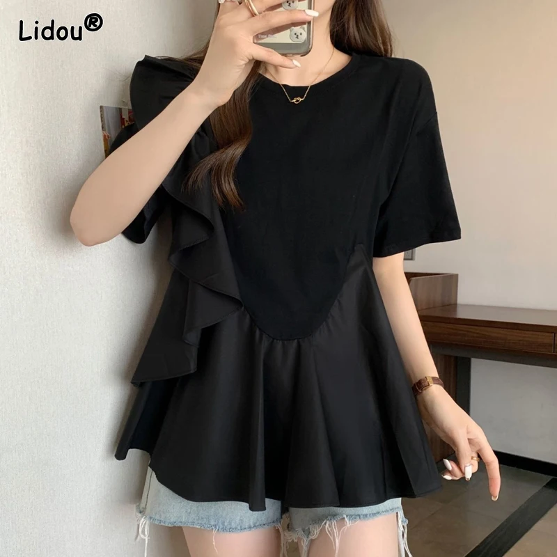 Elegant Temperament T-Shirts Solid Color Patchwork Round Neck Short Sleeve Ruffles Loose Summer Thin Casual New Women\'s Clothing