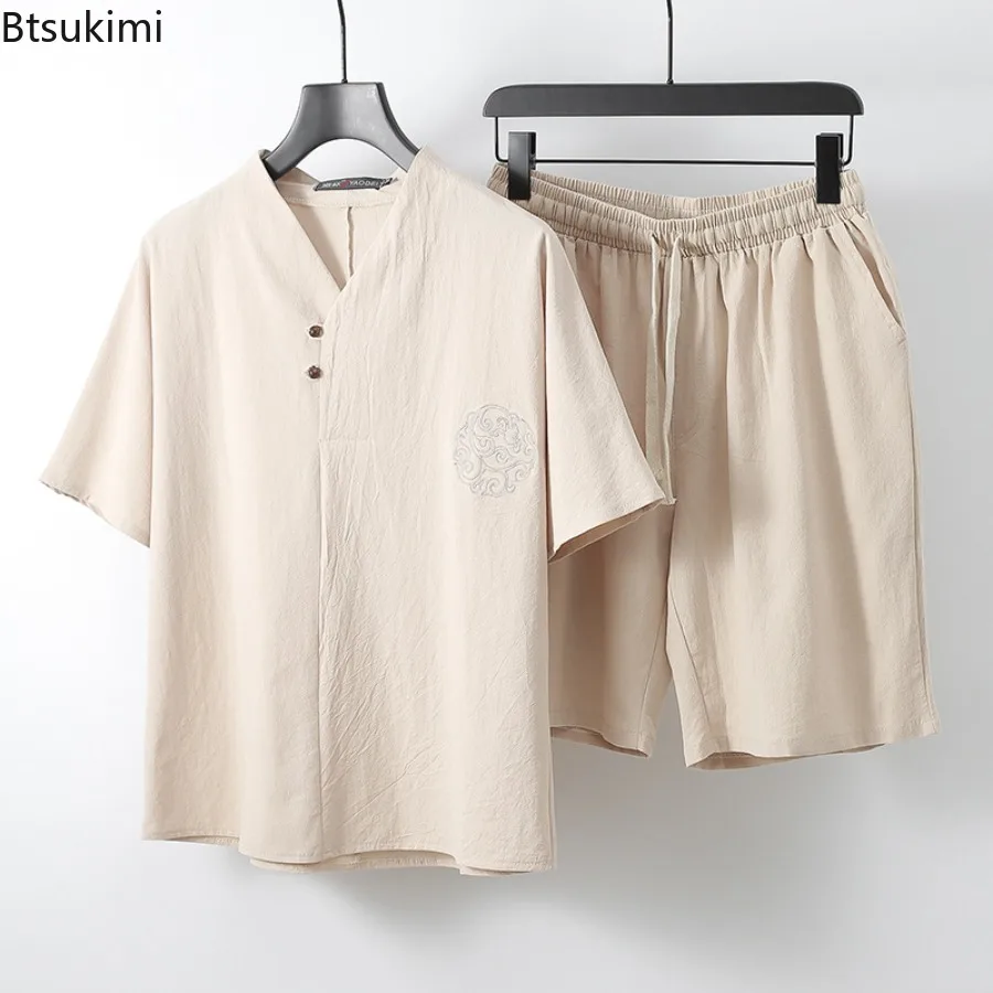 Nieuwe 2025 Heren Chinese Stijl Katoen en Linnen Set Zomer Casual Losse Puur Katoen Set voor Mannen Korte Mouwen Shorts Tweedelige Set