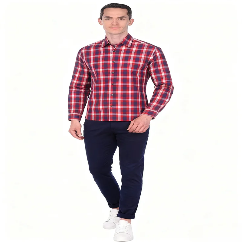 

2026 autumn men's business patch square collar button pocket plaid casual striped long sleeved shirt