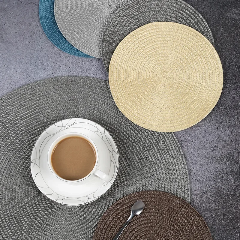 Round Woven Placemats PP Waterproof Dining Table Mat Non-Slip Napkin Bowl Pads Drink Cup Coasters Kitchen Decoration