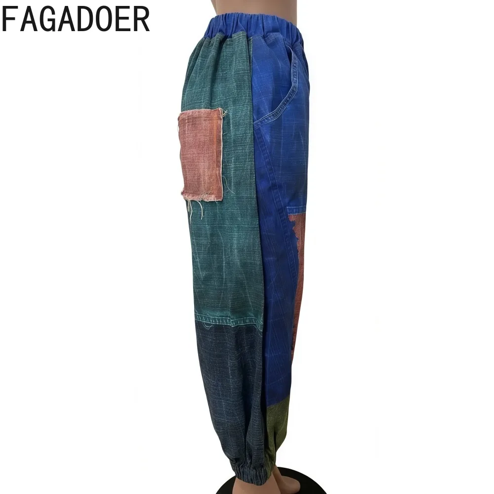 กางเกงยีนส์แฟชั่นสีสันตัดต่อสไตล์ FAGADOER สำหรับผู้หญิง มีกระเป๋า แต่งผ้าแบบแพทช์เวิร์ค ทรงหลวม ขากว้าง สไตล์สตรีทแวร์ รุ่นใหม่ประจำฤดูใบไม้ร่วงปี 2025