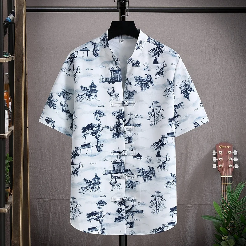 (Shirt + trousers)2023 summer Chinese Style printing men shirt Cotton shirts 's casual elastic waist size M-5XL