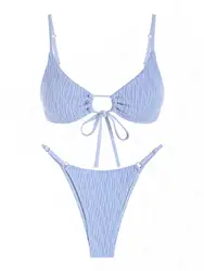 ZAFUL Women's Textured Drawstring Tie Spaghetti Strap Solid Color Tanga String Bikini Set Matching Two Piece Swimwear