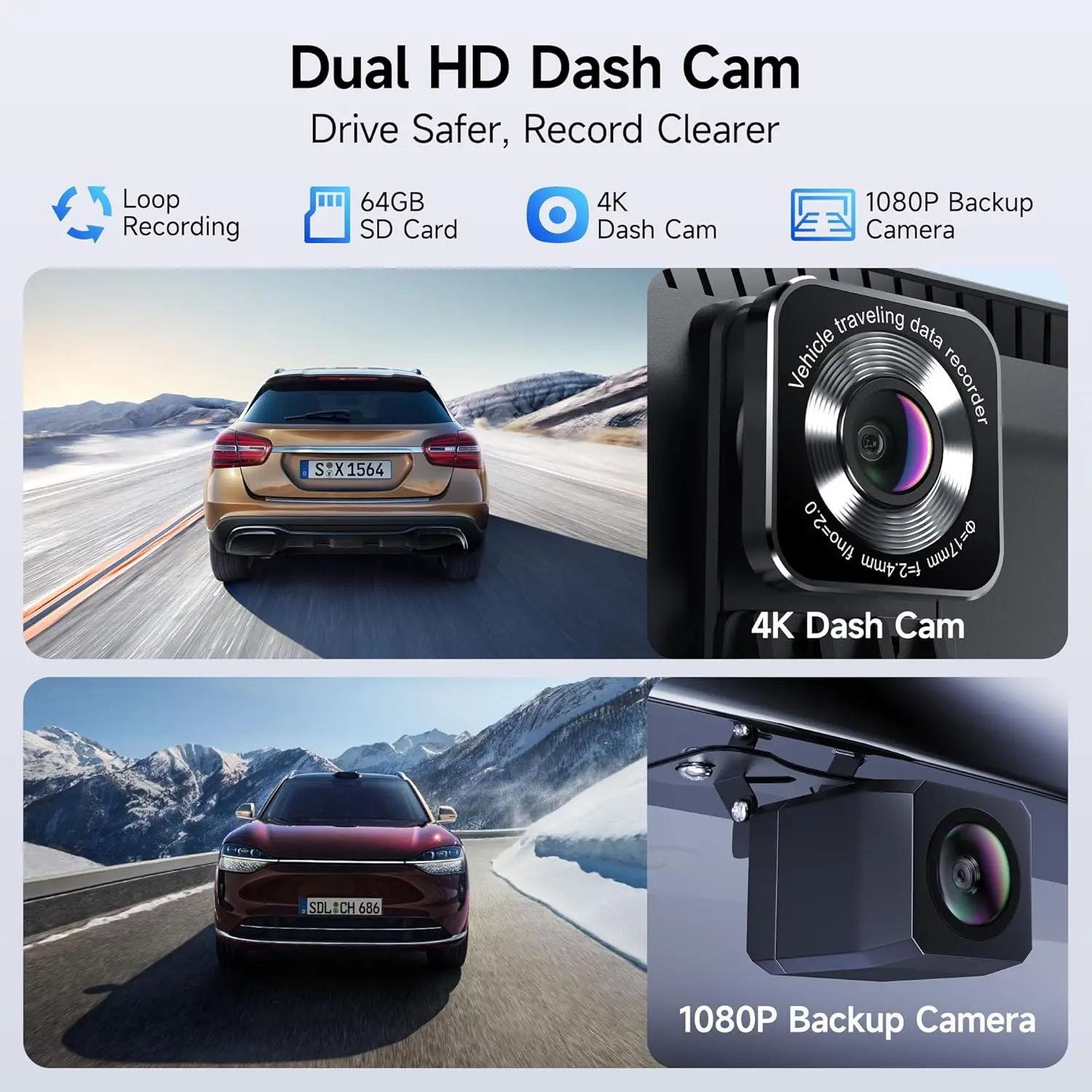 9인치 무선 카플레이 안드로이드 오토 터치스크린, 4K 블랙박스 및 후방 카메라, 블루투스 GPS 네비게이션 FM 시리 미러링크