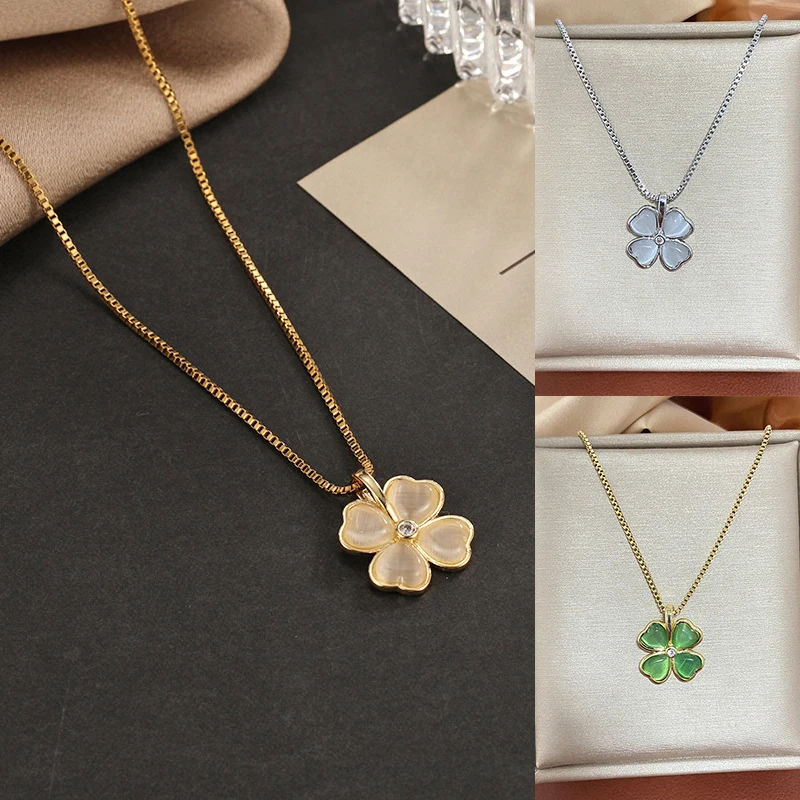 Lucky Clover Necklace Women Gold Plated Cat\'s Eye Flower Petal Lock Bone Chain