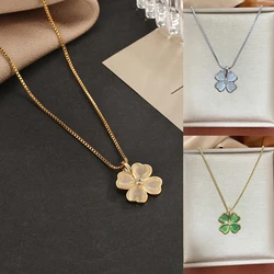 Lucky Clover Necklace Women Gold Plated Cat's Eye Flower Petal Lock Bone Chain