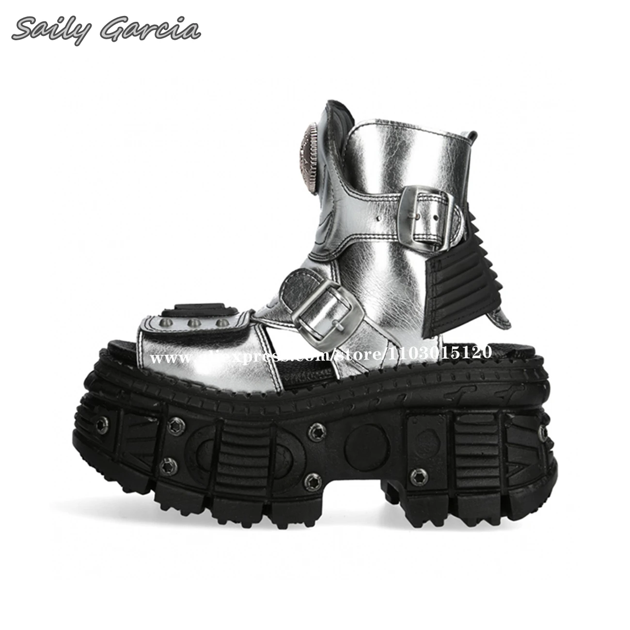 Silver Rock Punk Style Thick Sole Hook&Loop Sandal Boots 2024 New Fashion Y2K All-Match Casual Sandals Open Toe Increase Sandals