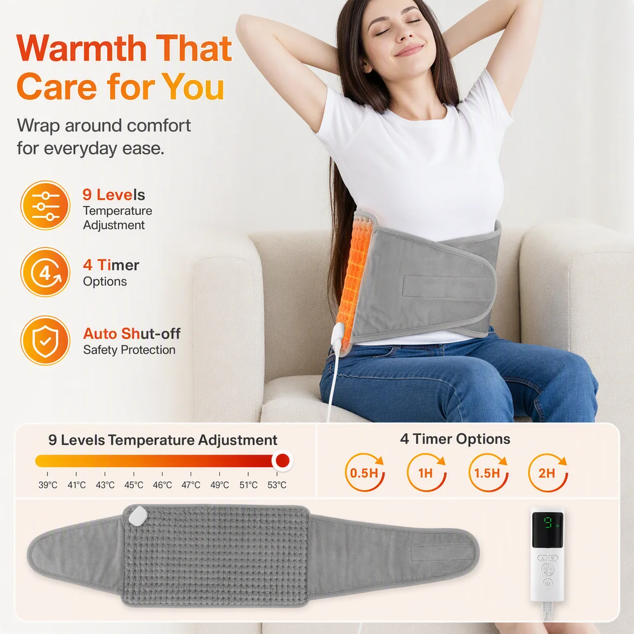 Heating Pad for Waist Back, Electric Heated Belt 9 Levels 4 Timer Soft Plush Adjustable Strap for Abdomen Legs Office Home Winte