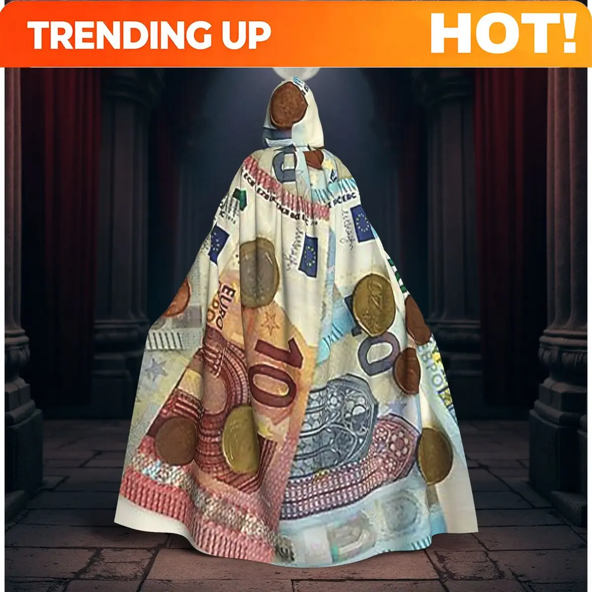 Customization Euro Banknotes And Coins Long Hooded Cloak Witch Medieval Costume Cosplay Cape HalloweenParty Adult Unisex