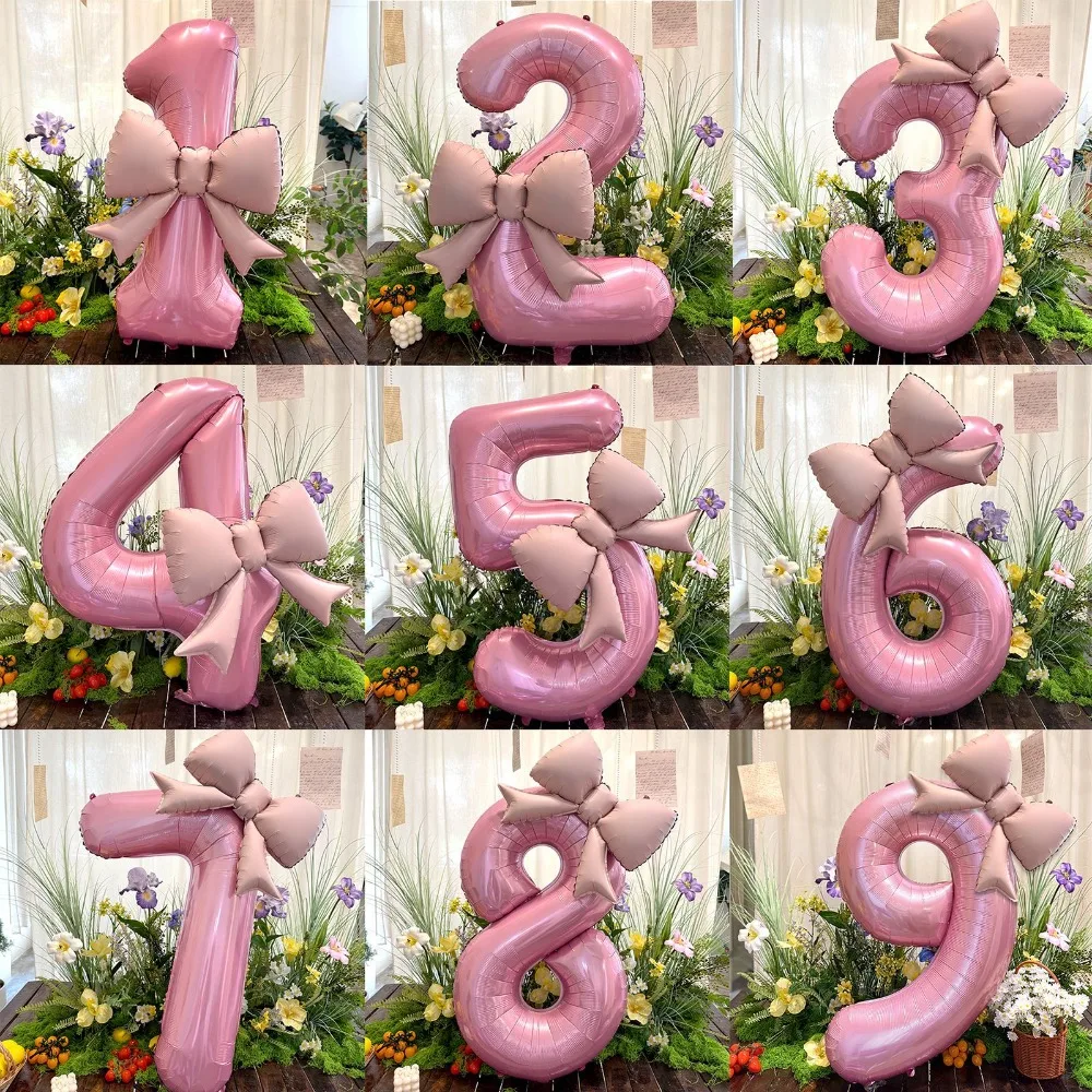2026 Neue 40-Zoll Creme-Rosa Zahlenballons 0-9 mit Schleife für Kinder und Erwachsene, Geburtstagsdekoration, Festliche Partyzubehör, Jubiläumsballons