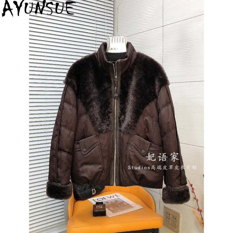 AYUNSUE Goose Down Coat Woman Merino Sheepskin Shearling Spliced Fur Down Jacket Stand Collar Winter Coat Woman Clothing Пуховик