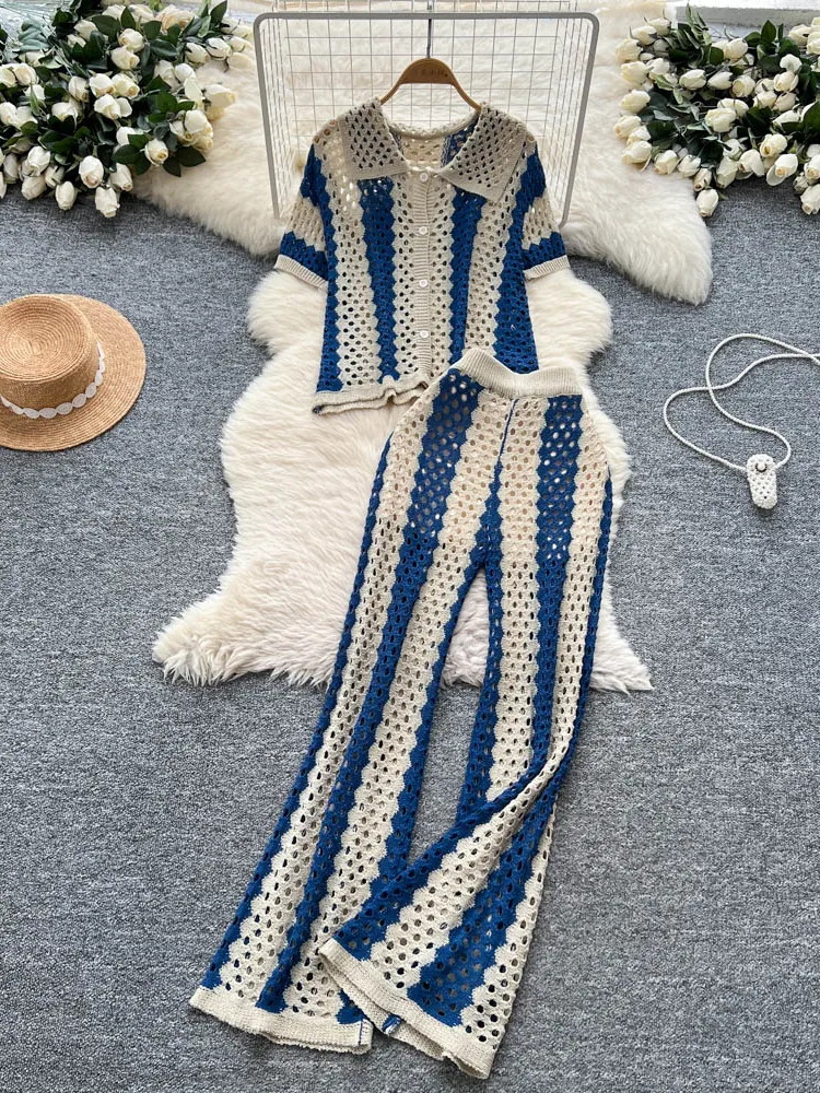 

Модный воротник с открытыми пуговицами, вязаный кардиган с короткими рукавами + брюки с эластичной резинкой на талии, комплект из 2 предметов, женский летний костюм, корейский комплект