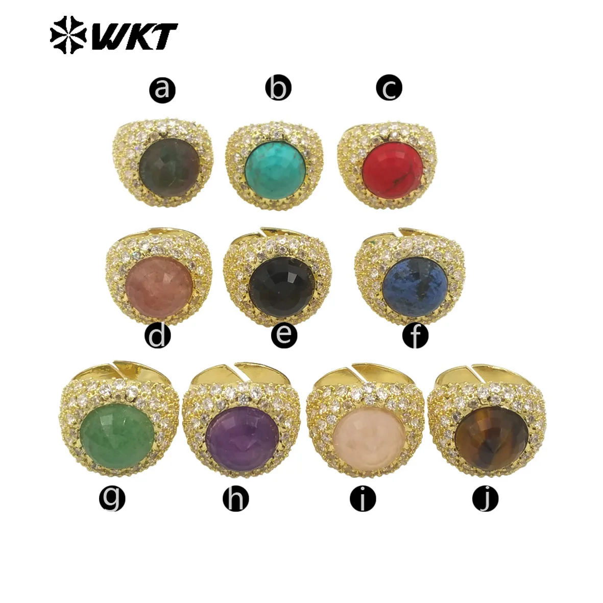 WT-MR027 NEO-Chinese Style Vintage Design Natural Bright Colored Round Stone With Many Zircon 18K Gold Plated Women Rings