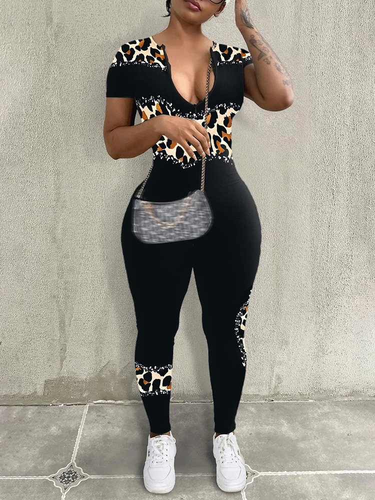 LW Long Jumpsuit Women 2024 Autumn Leopard Print Short Sleeve Skinny Jumpsuit Female One Pieces Jumpsuits Full Length for Women