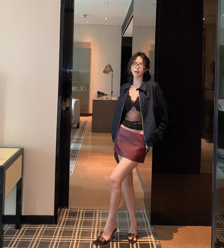 Koreańska Moda Czarne Spódnice Seksowne Spódnice ze Sztucznej Skóry Damskie Harajuku Mini Spódniczki z Niskim Stanem Spódnica ze Skóry z Rozcięciem i Szortami