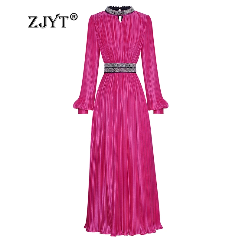 

ZJYT Luxury Beading Long Party Dresses for Women Elegant Spring Full Sleeve Pleated Dress Runway Fashion 2024 Holiday Vestidos