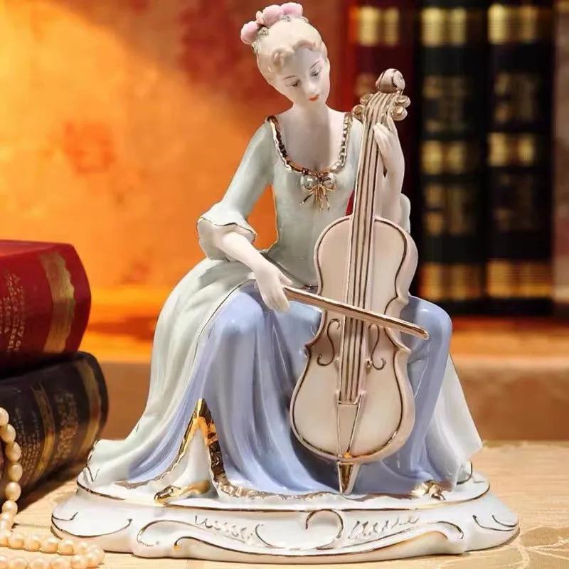 Vintage Rococo Porcelain Beauty Sculpture Elegant Lady with Cello Figurine Ceramic Beauty Statue Home Decorative Ornament Gift