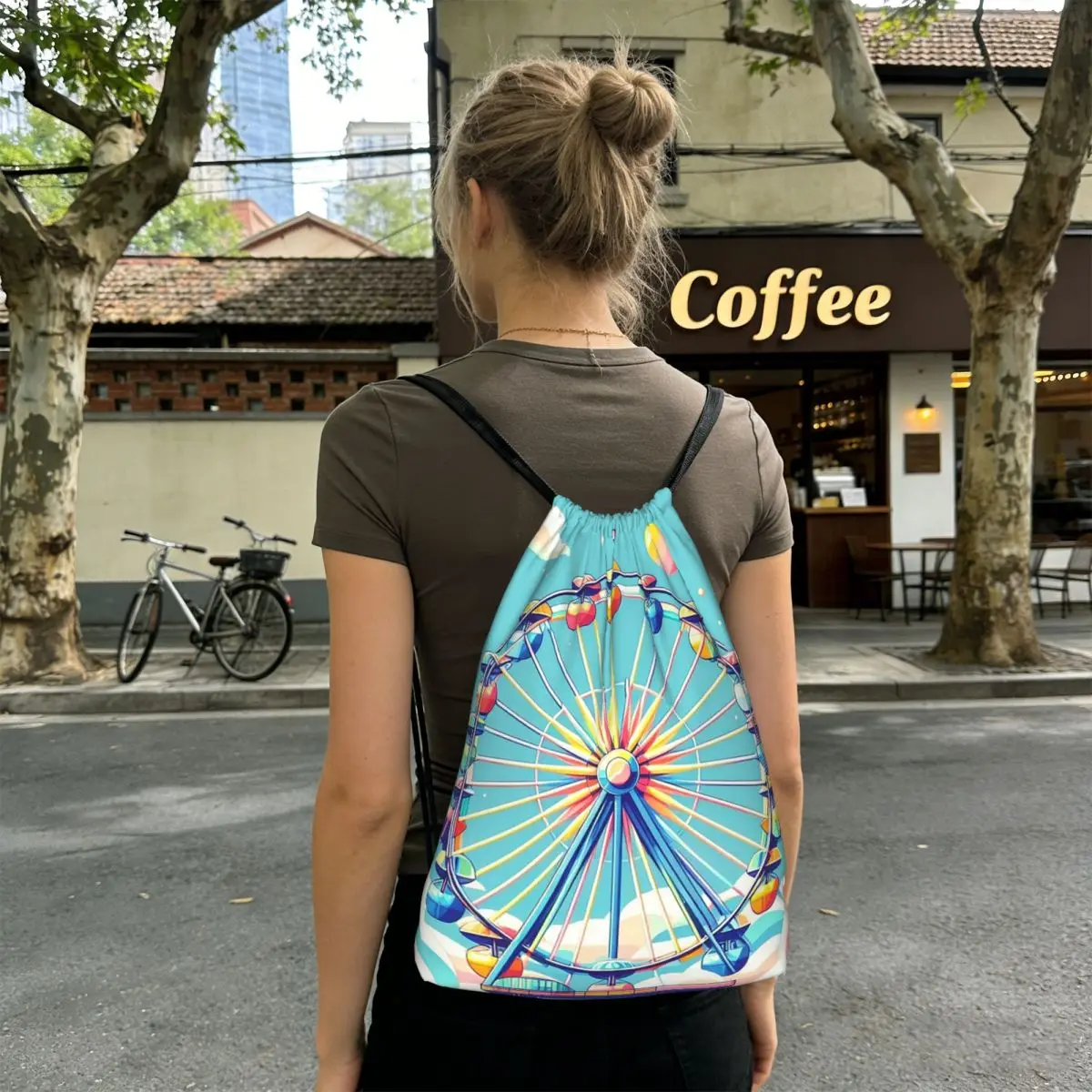 One Urban Ferris Wheel Pattern Backpacks Casual Drawstring Bags Sports Bag Book Bags for Travel School