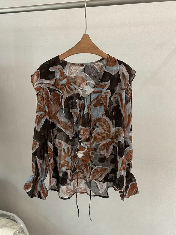 

Retro Oil Painting Print Bell Sleeve Shirt V Neck Tie Waist Thin Spring Summer Women's Fashion Loose Fit Long Sleeve Blouse