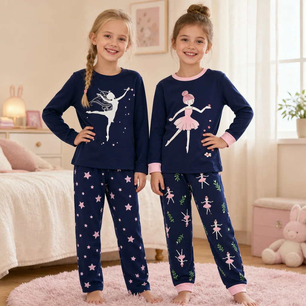 Little Hand Girls Long Sleeve Pajama Set Ballerina Fairy Glow In The Dark Print Top AndPants Cotton Sleepwear Loungewear for 2-7